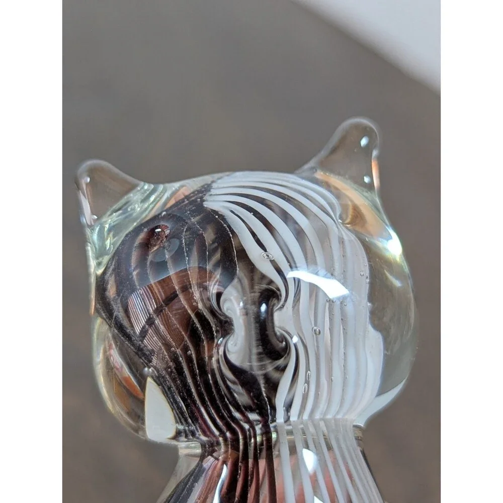 Murano Style Art Glass Paperweight Cat Figurine Black White Strip 4.5